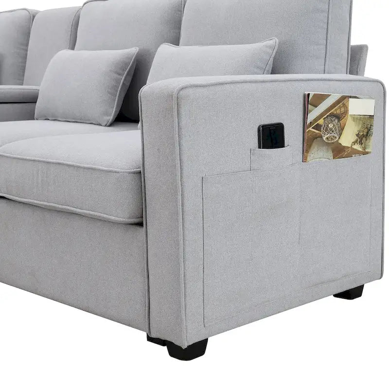 Canapé 4 places moderne en tissu de lin avec pochettes accoudoirs et 4 oreillers