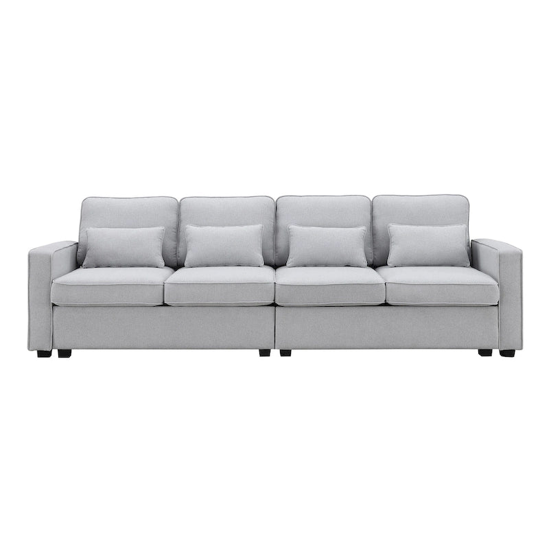 Canapé 4 places moderne en tissu de lin avec pochettes accoudoirs et 4 oreillers