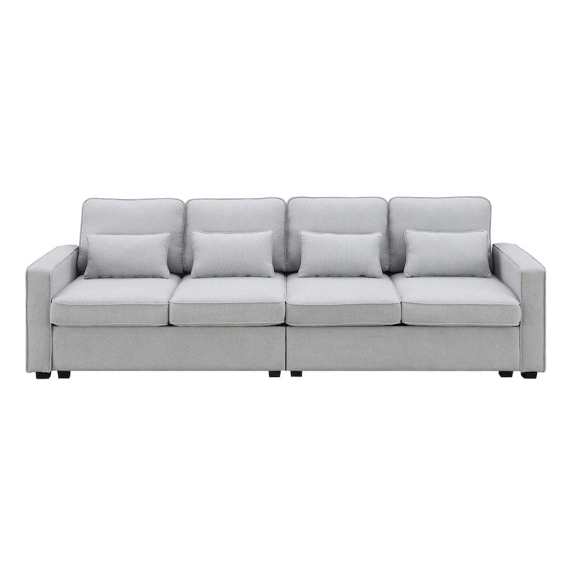 Canapé 4 places moderne en tissu de lin avec pochettes accoudoirs et 4 oreillers