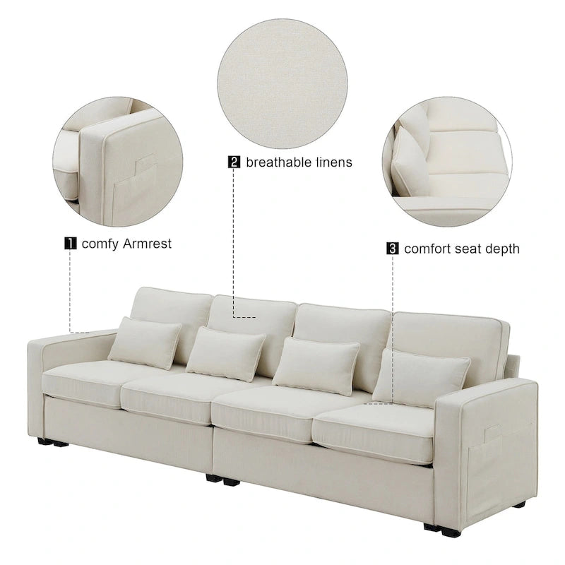 Canapé 4 places moderne en tissu de lin avec pochettes accoudoirs et 4 oreillers