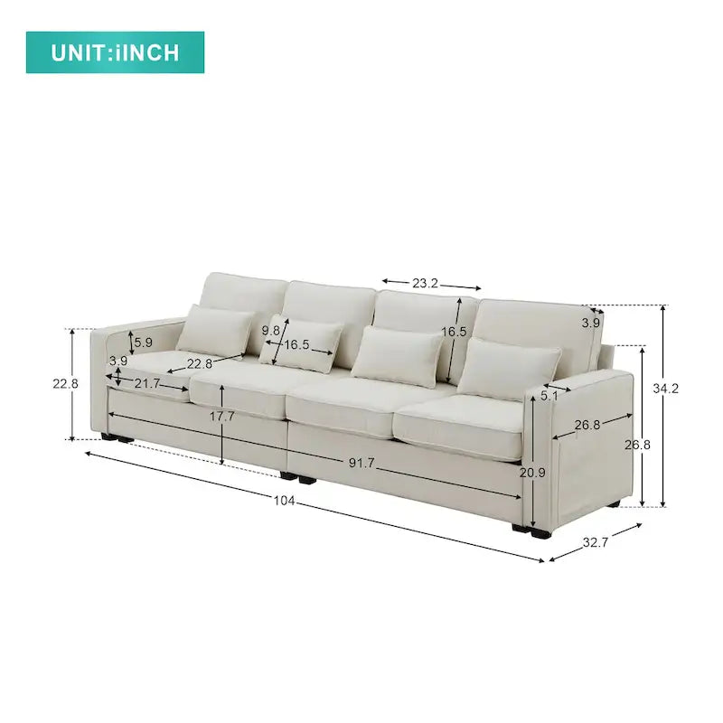 Canapé 4 places moderne en tissu de lin avec pochettes accoudoirs et 4 oreillers