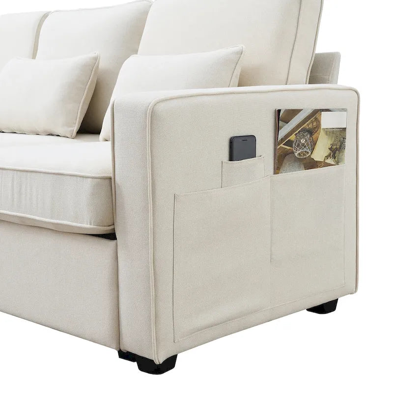 Canapé 4 places moderne en tissu de lin avec pochettes accoudoirs et 4 oreillers