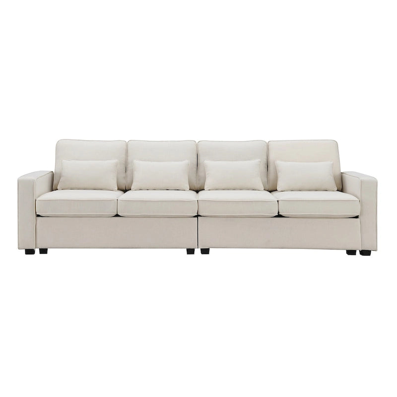 Canapé 4 places moderne en tissu de lin avec pochettes accoudoirs et 4 oreillers