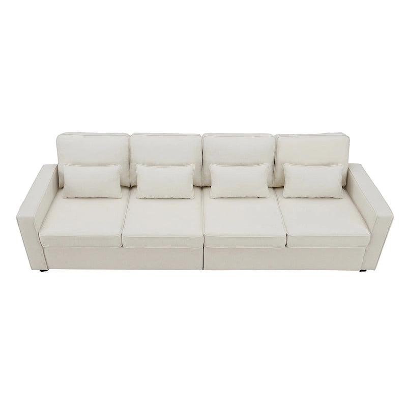 Canapé 4 places moderne en tissu de lin avec pochettes accoudoirs et 4 oreillers