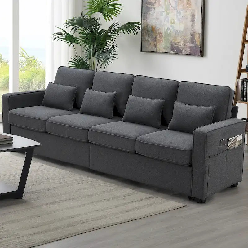 Canapé 4 places moderne en tissu de lin avec pochettes accoudoirs et 4 oreillers