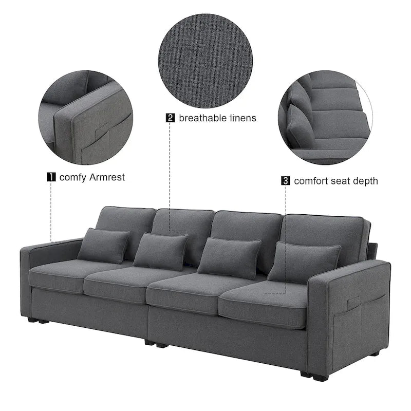 Canapé 4 places moderne en tissu de lin avec pochettes accoudoirs et 4 oreillers