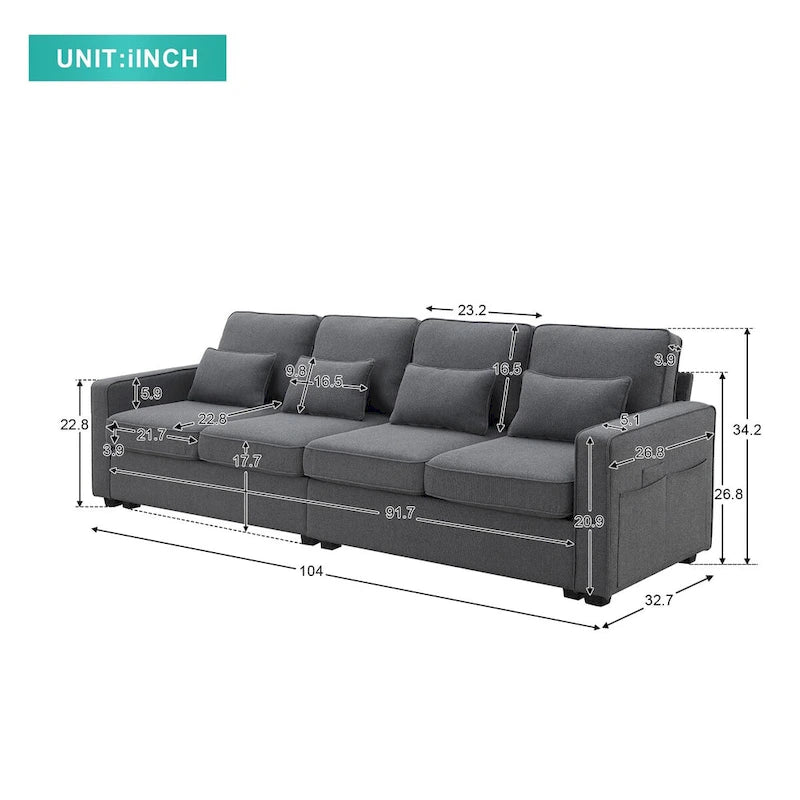 Canapé 4 places moderne en tissu de lin avec pochettes accoudoirs et 4 oreillers