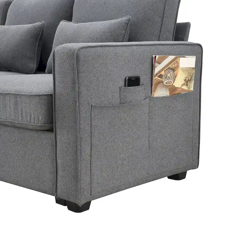 Canapé 4 places moderne en tissu de lin avec pochettes accoudoirs et 4 oreillers