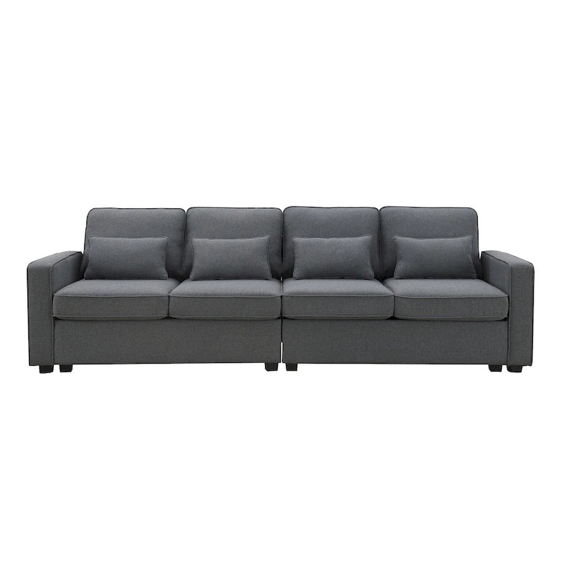 Canapé 4 places moderne en tissu de lin avec pochettes accoudoirs et 4 oreillers