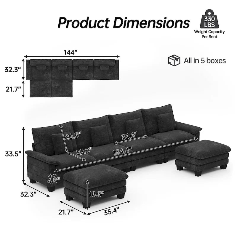 Canapé modulable 144 places convertible en canapé-lit avec 2 poufs