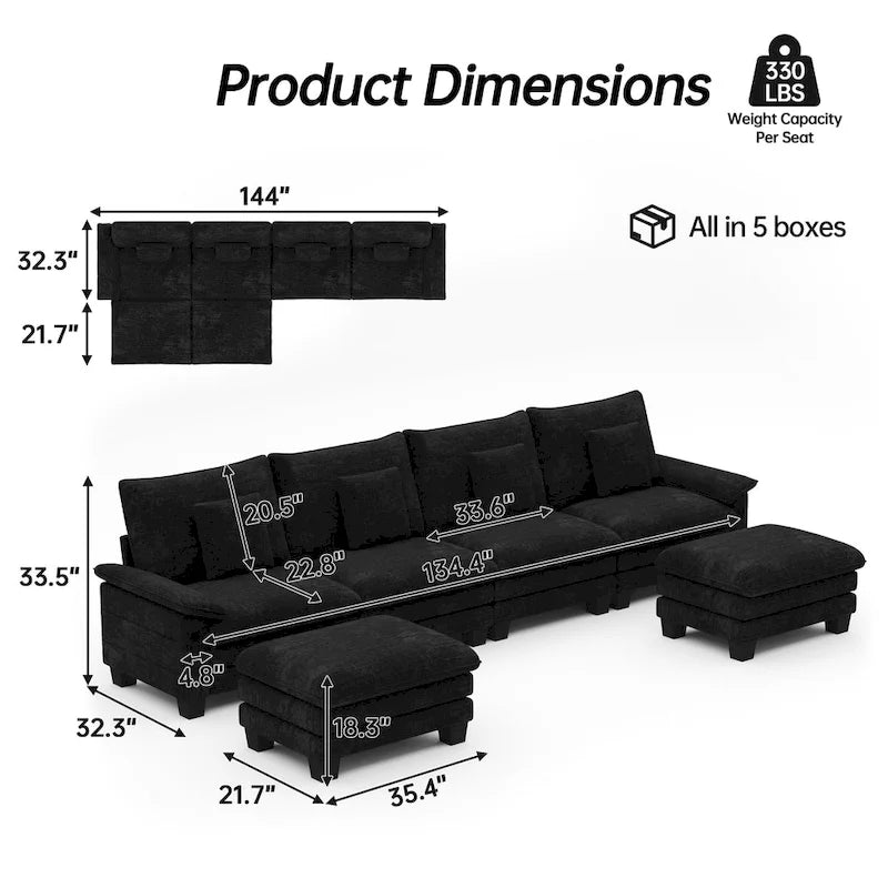Canapé modulable 144 places convertible en canapé-lit avec 2 poufs
