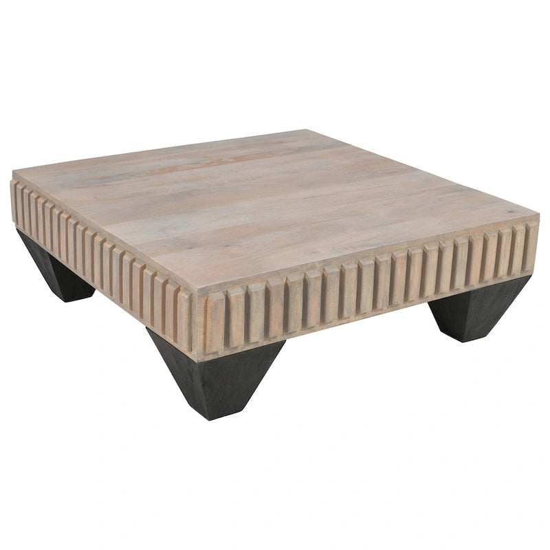 Table basse carrée de 91 cm en bois de manguier, inspirée de Tokyo - Fabriquée à la main avec une élégante finition grise sablée et des pieds effilés