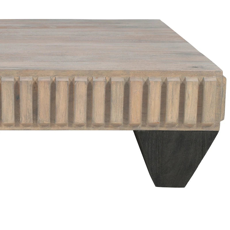 Table basse carrée de 91 cm en bois de manguier, inspirée de Tokyo - Fabriquée à la main avec une élégante finition grise sablée et des pieds effilés