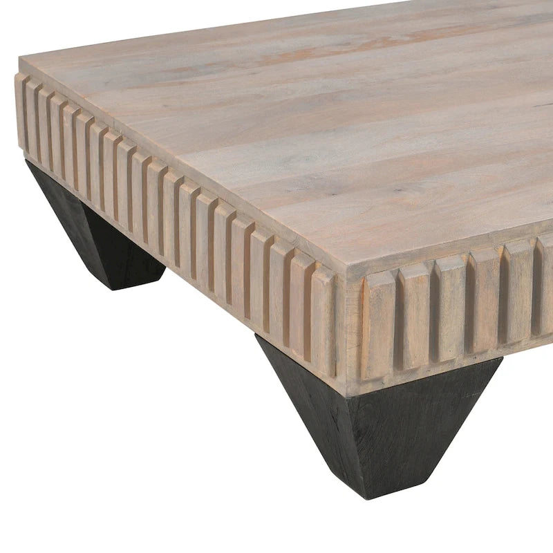 Table basse carrée de 91 cm en bois de manguier, inspirée de Tokyo - Fabriquée à la main avec une élégante finition grise sablée et des pieds effilés