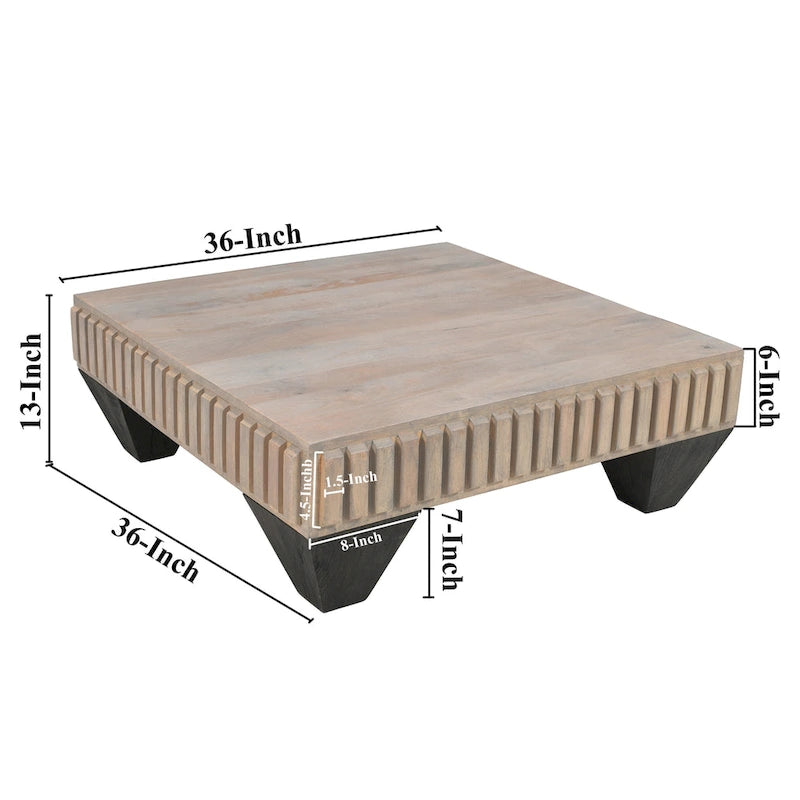 Table basse carrée de 91 cm en bois de manguier, inspirée de Tokyo - Fabriquée à la main avec une élégante finition grise sablée et des pieds effilés