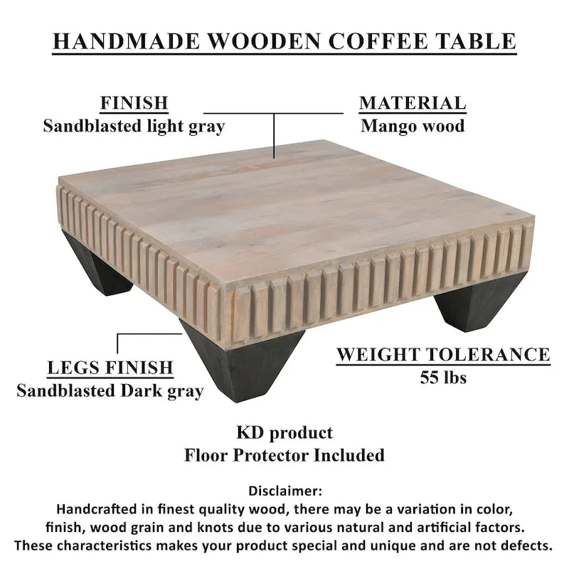 Table basse carrée de 91 cm en bois de manguier, inspirée de Tokyo - Fabriquée à la main avec une élégante finition grise sablée et des pieds effilés