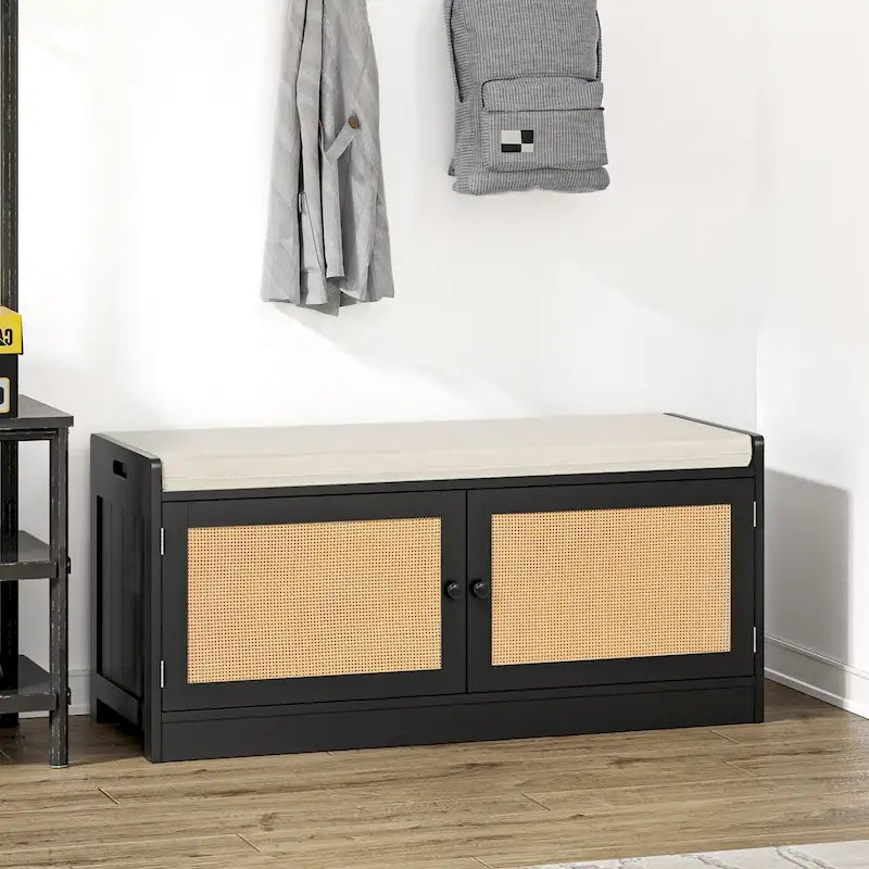 Banc de rangement à chaussures Anmytek en bois et rotin moderne avec coussin et étagères réglables pour entrée - 101,1 cm (L) x 39,9 cm (P) x 46 cm (H)