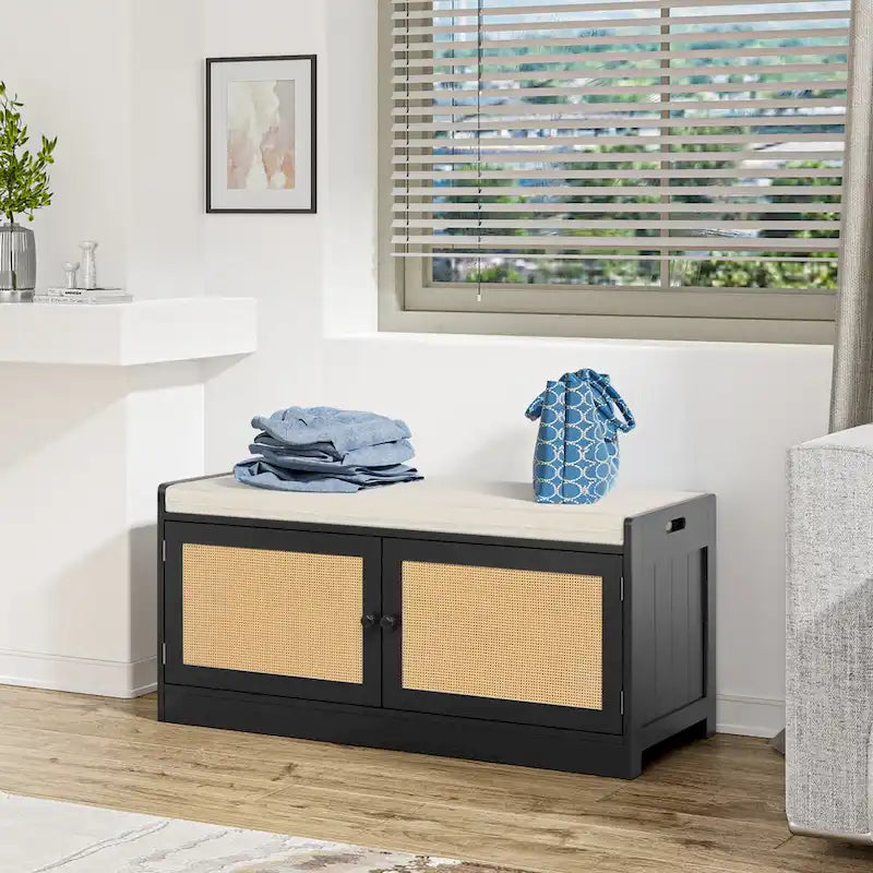 Banc de rangement à chaussures Anmytek en bois et rotin moderne avec coussin et étagères réglables pour entrée - 101,1 cm (L) x 39,9 cm (P) x 46 cm (H)
