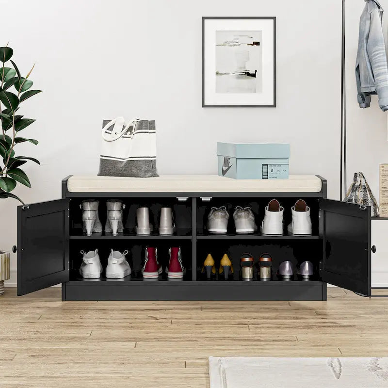 Banc de rangement à chaussures Anmytek en bois et rotin moderne avec coussin et étagères réglables pour entrée - 101,1 cm (L) x 39,9 cm (P) x 46 cm (H)