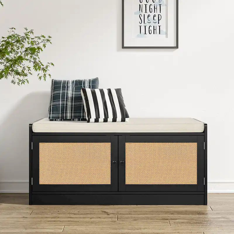 Banc de rangement à chaussures Anmytek en bois et rotin moderne avec coussin et étagères réglables pour entrée - 101,1 cm (L) x 39,9 cm (P) x 46 cm (H)