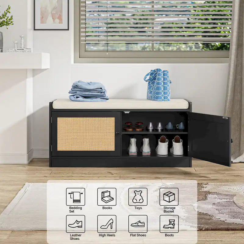 Banc de rangement à chaussures Anmytek en bois et rotin moderne avec coussin et étagères réglables pour entrée - 101,1 cm (L) x 39,9 cm (P) x 46 cm (H)