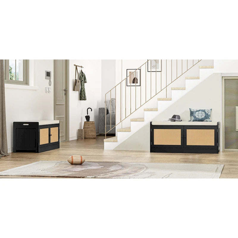Banc de rangement à chaussures Anmytek en bois et rotin moderne avec coussin et étagères réglables pour entrée - 101,1 cm (L) x 39,9 cm (P) x 46 cm (H)