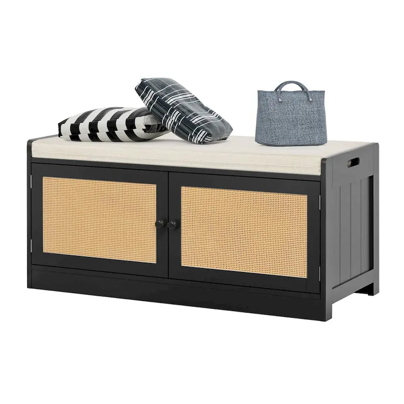 Banc de rangement à chaussures Anmytek en bois et rotin moderne avec coussin et étagères réglables pour entrée - 101,1 cm (L) x 39,9 cm (P) x 46 cm (H)