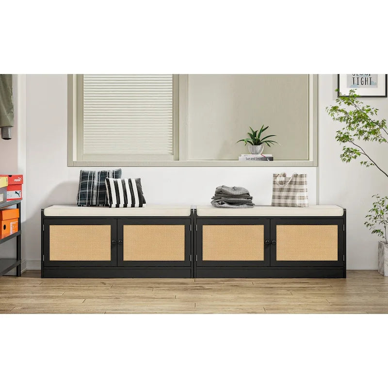 Banc de rangement à chaussures Anmytek en bois et rotin moderne avec coussin et étagères réglables pour entrée - 101,1 cm (L) x 39,9 cm (P) x 46 cm (H)