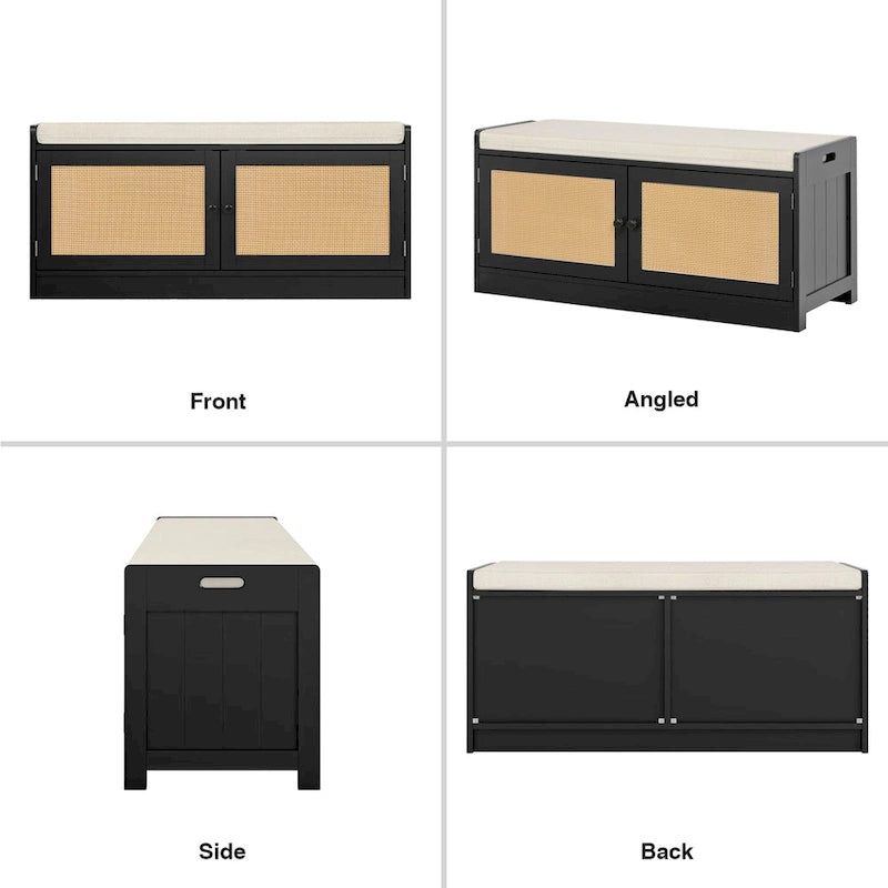Banc de rangement à chaussures Anmytek en bois et rotin moderne avec coussin et étagères réglables pour entrée - 101,1 cm (L) x 39,9 cm (P) x 46 cm (H)