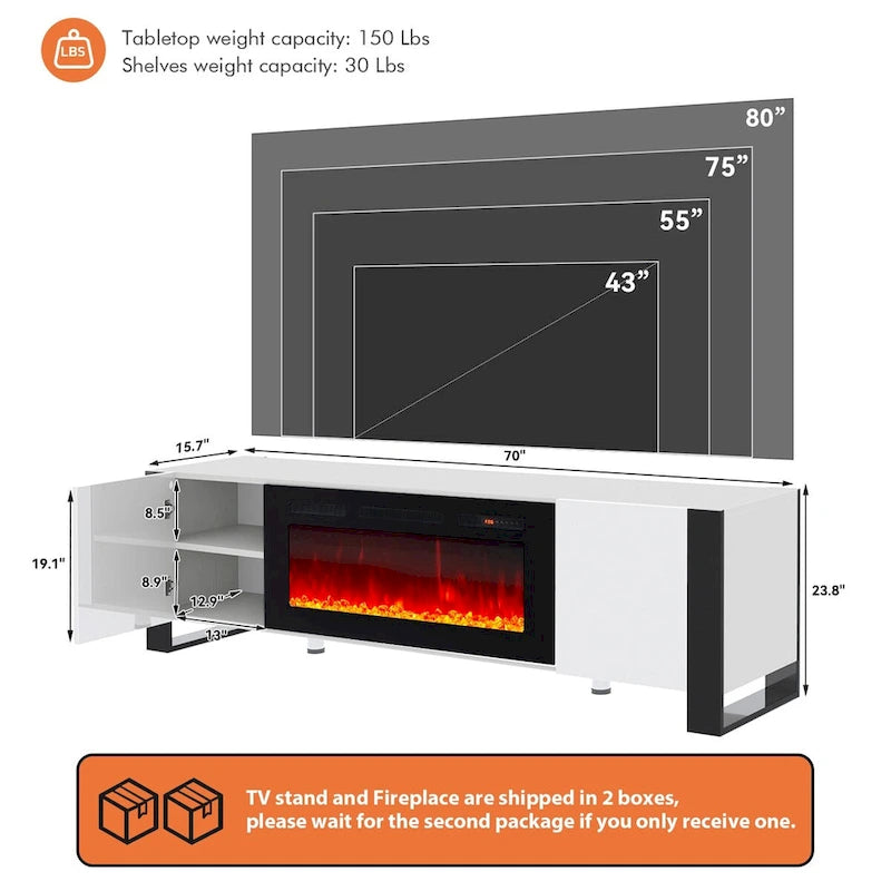 Meuble TV moderne de 70 po avec foyer de 36 po
