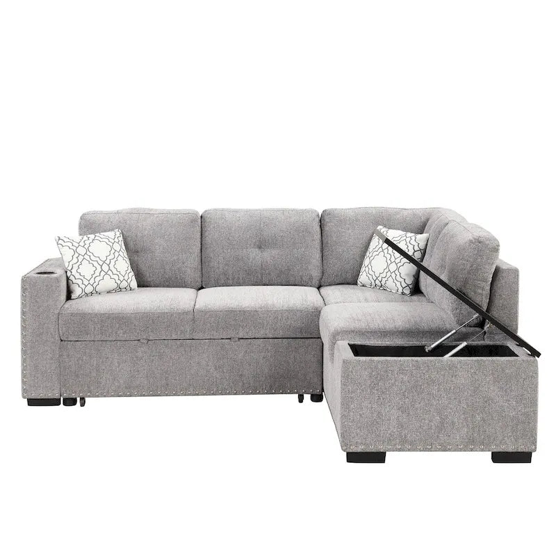 Canapé-lit d'angle en L escamotable de 212,8 cm avec méridienne de rangement, ports USB, prises de courant et porte-gobelet