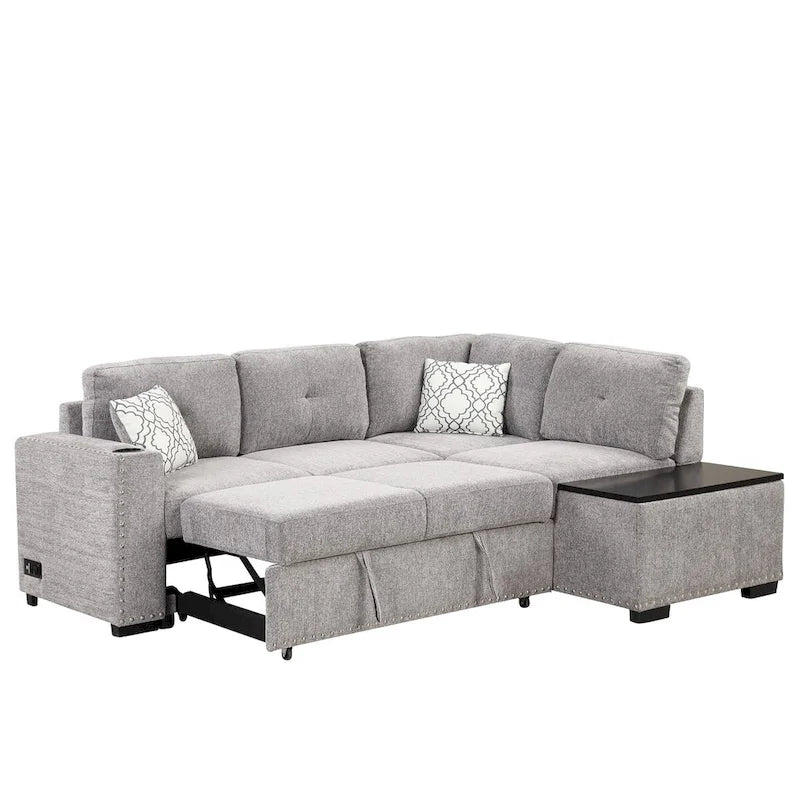 Canapé-lit d'angle en L escamotable de 212,8 cm avec méridienne de rangement, ports USB, prises de courant et porte-gobelet
