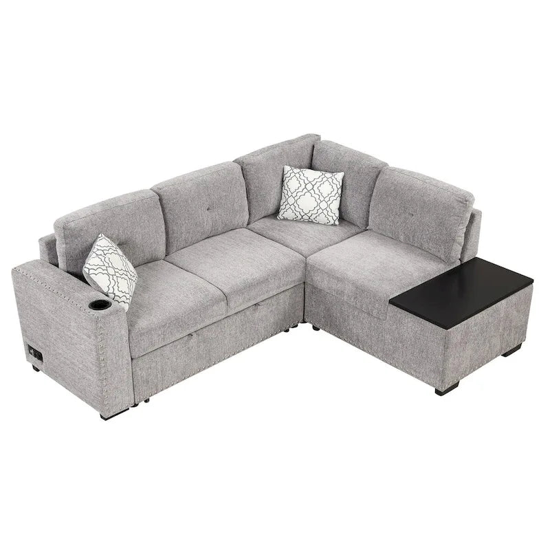 Canapé-lit d'angle en L escamotable de 212,8 cm avec méridienne de rangement, ports USB, prises de courant et porte-gobelet