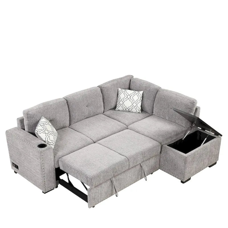 Canapé-lit d'angle en L escamotable de 212,8 cm avec méridienne de rangement, ports USB, prises de courant et porte-gobelet