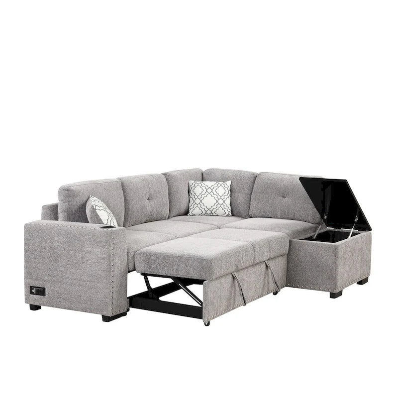 Canapé-lit d'angle en L escamotable de 212,8 cm avec méridienne de rangement, ports USB, prises de courant et porte-gobelet