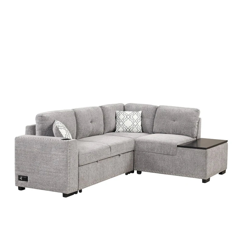 Canapé-lit d'angle en L escamotable de 212,8 cm avec méridienne de rangement, ports USB, prises de courant et porte-gobelet