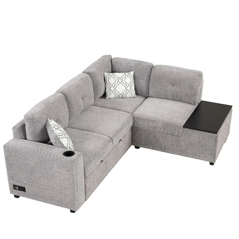 Canapé-lit d'angle en L escamotable de 212,8 cm avec méridienne de rangement, ports USB, prises de courant et porte-gobelet
