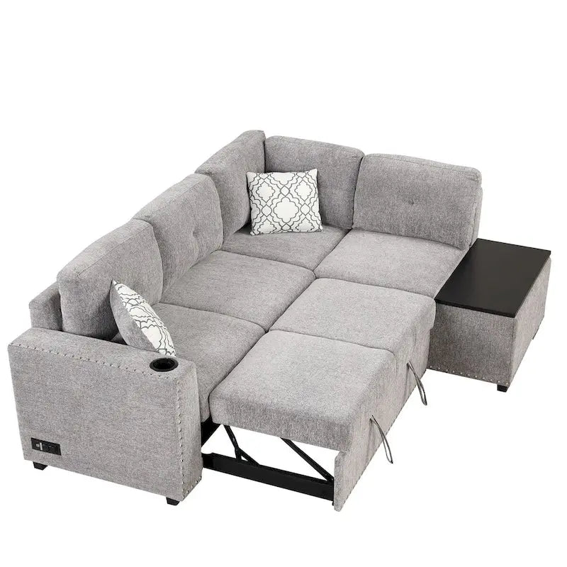 Canapé-lit d'angle en L escamotable de 212,8 cm avec méridienne de rangement, ports USB, prises de courant et porte-gobelet