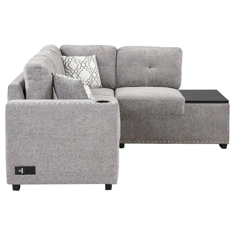 Canapé-lit d'angle en L escamotable de 212,8 cm avec méridienne de rangement, ports USB, prises de courant et porte-gobelet