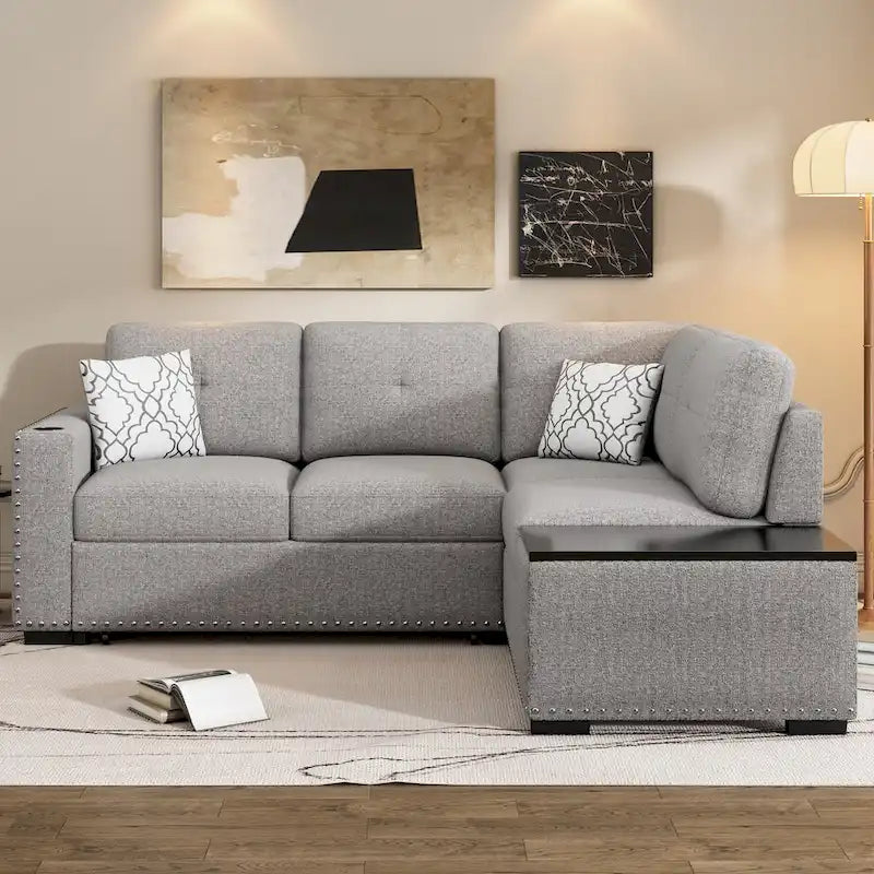 Canapé-lit d'angle en L escamotable de 212,8 cm avec méridienne de rangement, ports USB, prises de courant et porte-gobelet