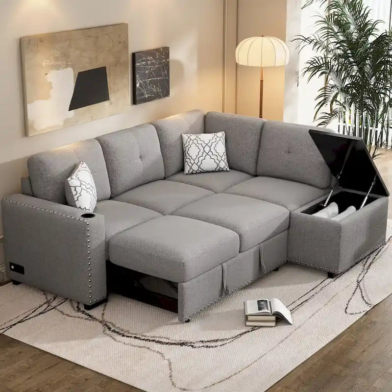 Canapé-lit d'angle en L escamotable de 212,8 cm avec méridienne de rangement, ports USB, prises de courant et porte-gobelet