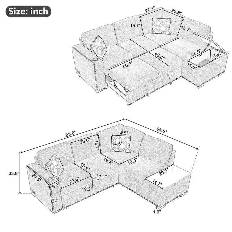 Canapé-lit d'angle en L escamotable de 212,8 cm avec méridienne de rangement, ports USB, prises de courant et porte-gobelet