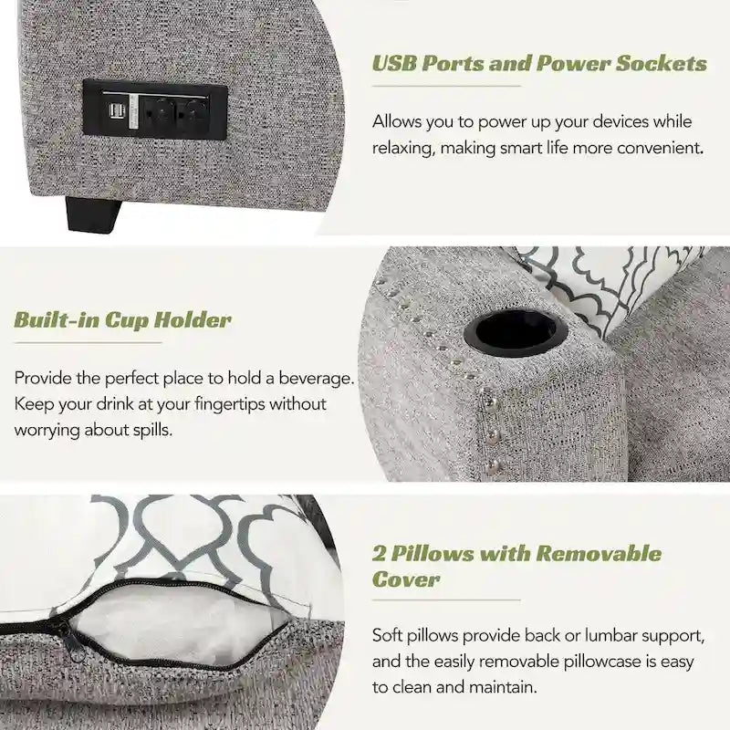 Canapé-lit d'angle en L escamotable de 212,8 cm avec méridienne de rangement, ports USB, prises de courant et porte-gobelet