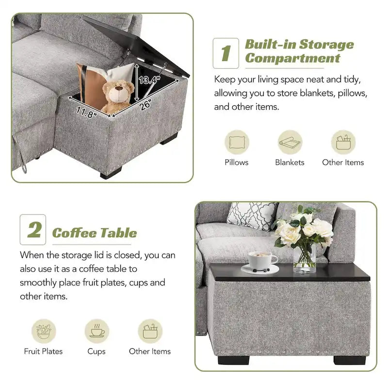 Canapé-lit d'angle en L escamotable de 212,8 cm avec méridienne de rangement, ports USB, prises de courant et porte-gobelet
