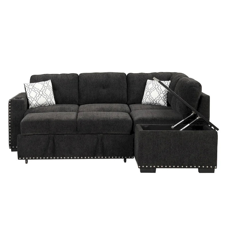 Canapé-lit d'angle en L escamotable de 212,8 cm avec méridienne de rangement, ports USB, prises de courant et porte-gobelet