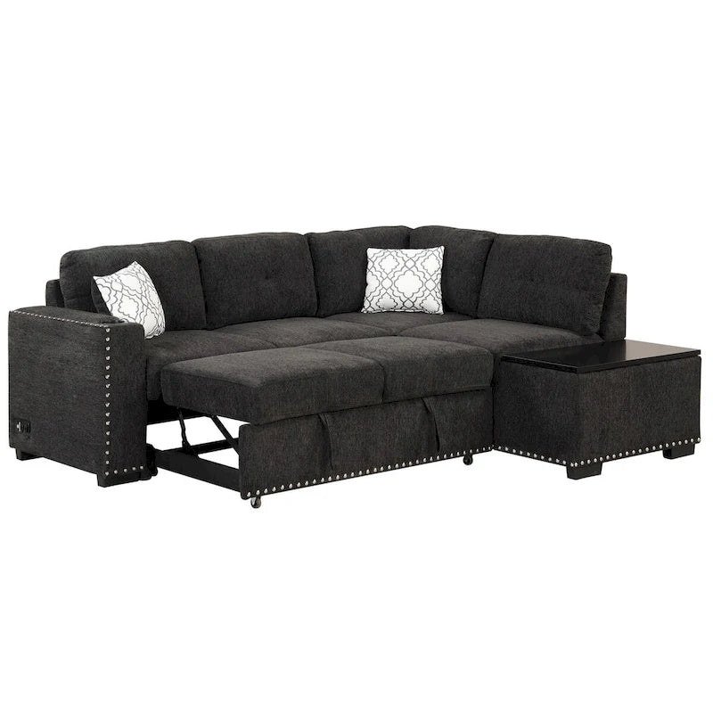 Canapé-lit d'angle en L escamotable de 212,8 cm avec méridienne de rangement, ports USB, prises de courant et porte-gobelet