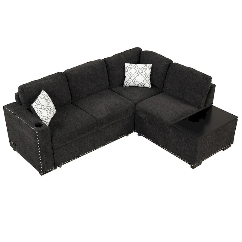 Canapé-lit d'angle en L escamotable de 212,8 cm avec méridienne de rangement, ports USB, prises de courant et porte-gobelet