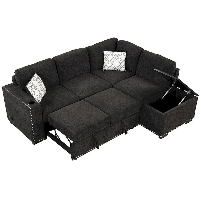 Canapé-lit d'angle en L escamotable de 212,8 cm avec méridienne de rangement, ports USB, prises de courant et porte-gobelet