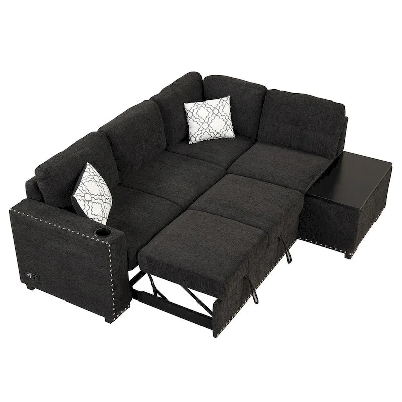 Canapé-lit d'angle en L escamotable de 212,8 cm avec méridienne de rangement, ports USB, prises de courant et porte-gobelet
