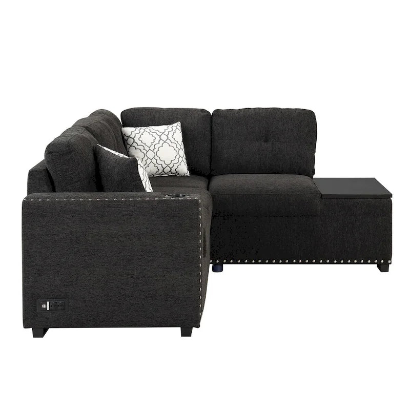 Canapé-lit d'angle en L escamotable de 212,8 cm avec méridienne de rangement, ports USB, prises de courant et porte-gobelet